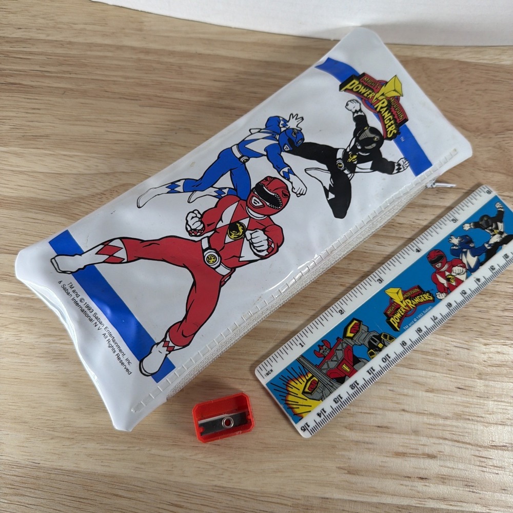 Vintage 1993 Mighty Morphin' Power Rangers White Pencil Case Zip Pouch Ruler